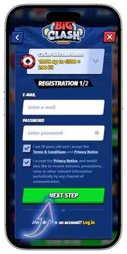 BigClash Casino first registration step showing email and password input fields with Next Step button