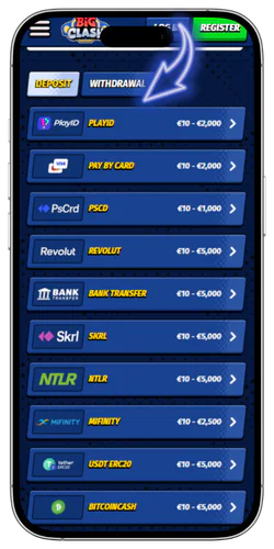 BigClash Casino first deposit page with payment method selection