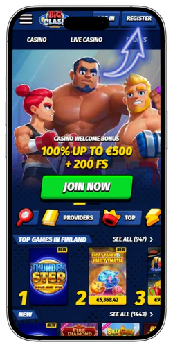 BigClash Casino homepage with the Log In button highlighted in the top-right corner