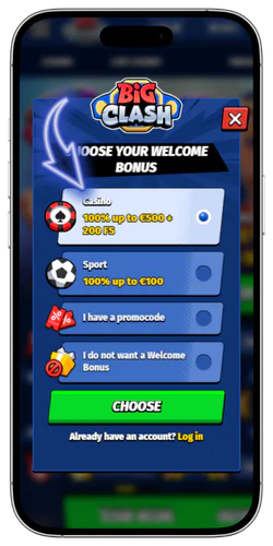 BigClash welcome bonus selection screen displayed at the start of the sign-up flow
