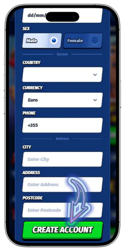 BigClash sign-up second step with full name, phone number, and physical address fields before Create Account